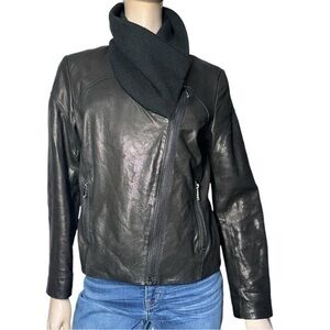 Andrew Marc Women’s Size L Black Leather Ribbed Knit Neck Jacket